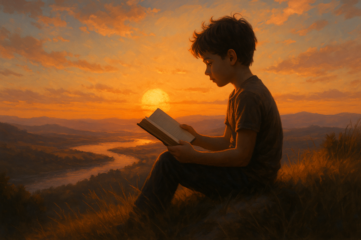 a boy is sitting on a hill and reading a book