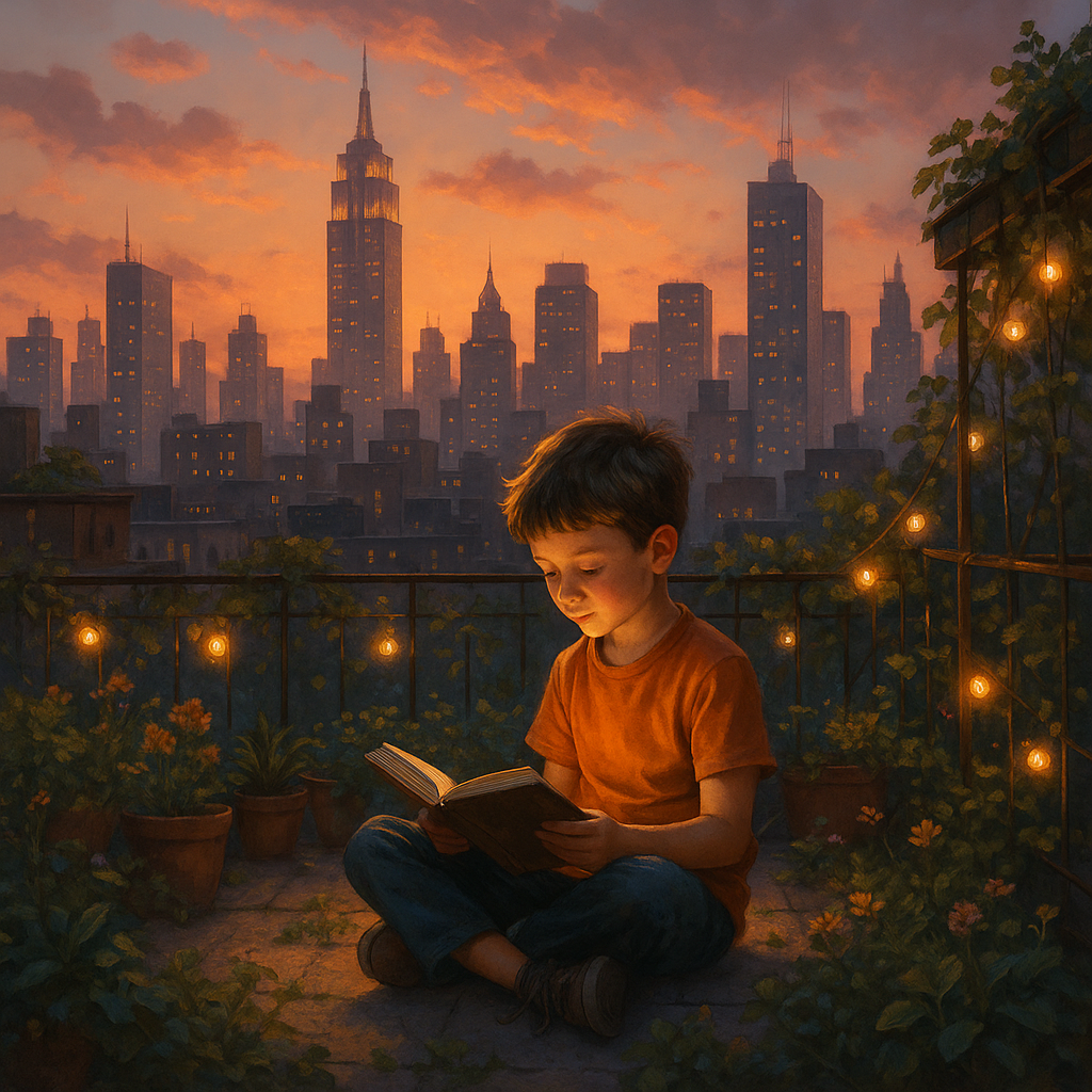 a boy is sitting on a balcony with a book